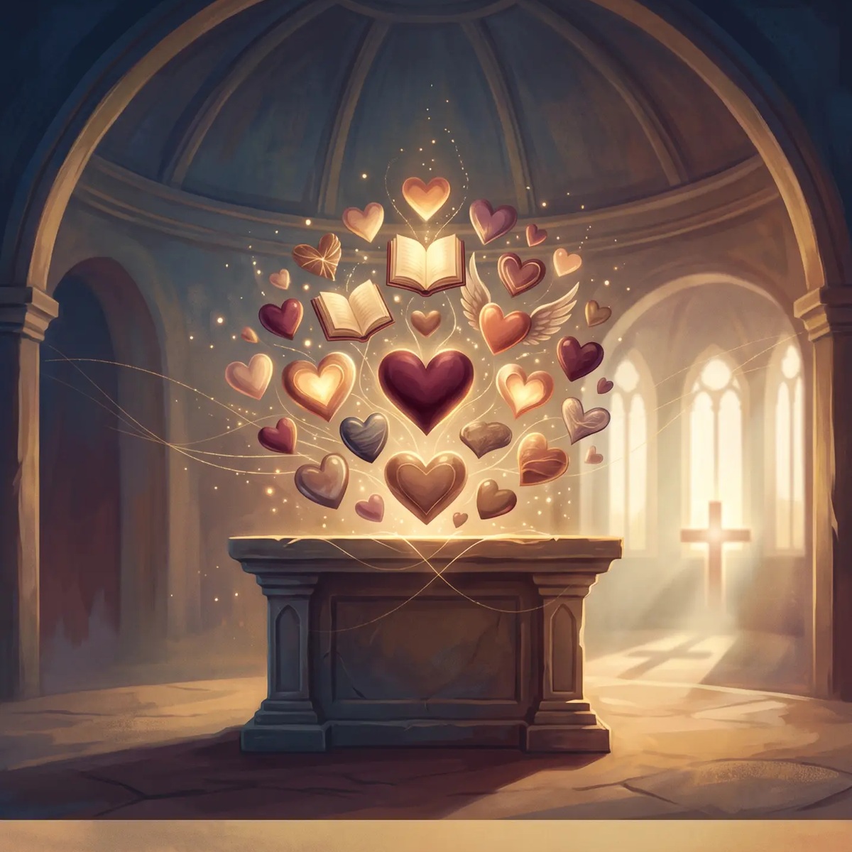 Glowing hearts rising above an altar in a sanctuary